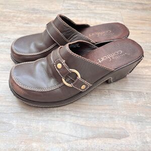 Y2K Brown Leather Clogs Size 7 Chunky Slip On Mule Shoes Boho Vintage
